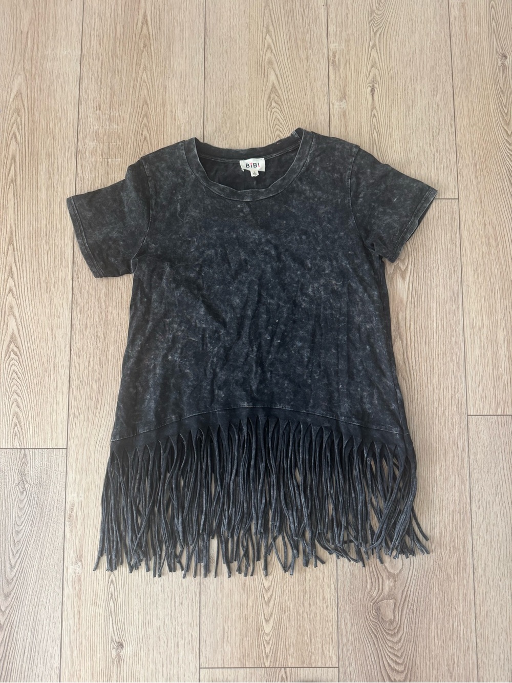 BiBi Black Washed Fringe Short-Sleeve Tee